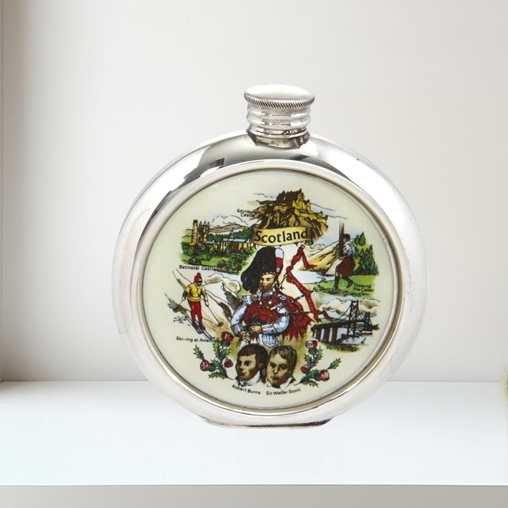 6oz Round Pewter Scottish Picture Flask