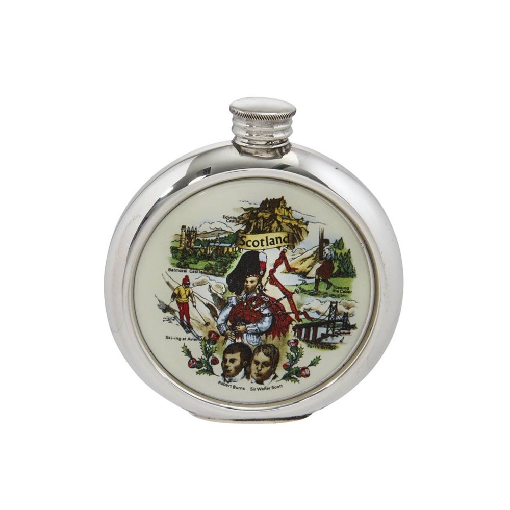 6oz Round Pewter Scottish Picture Flask 6oz Round Pewter Scottish Picture Flask