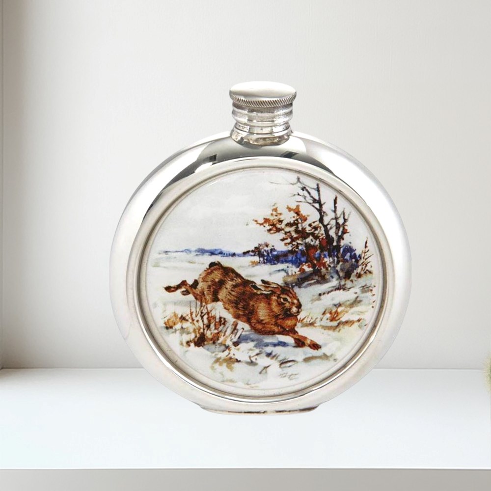 6oz Round Hare Picture Pewter  Flask