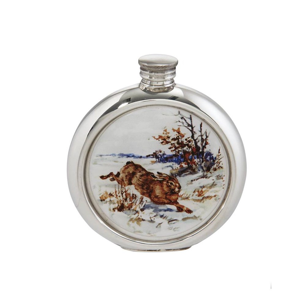 6oz Round Hare Picture Pewter Flask