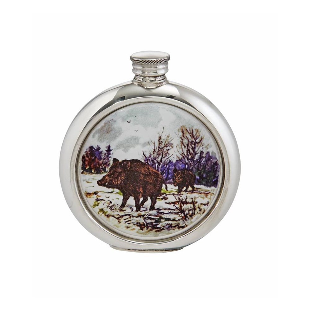 6oz Round Wild Boar Pewter Picture Flask