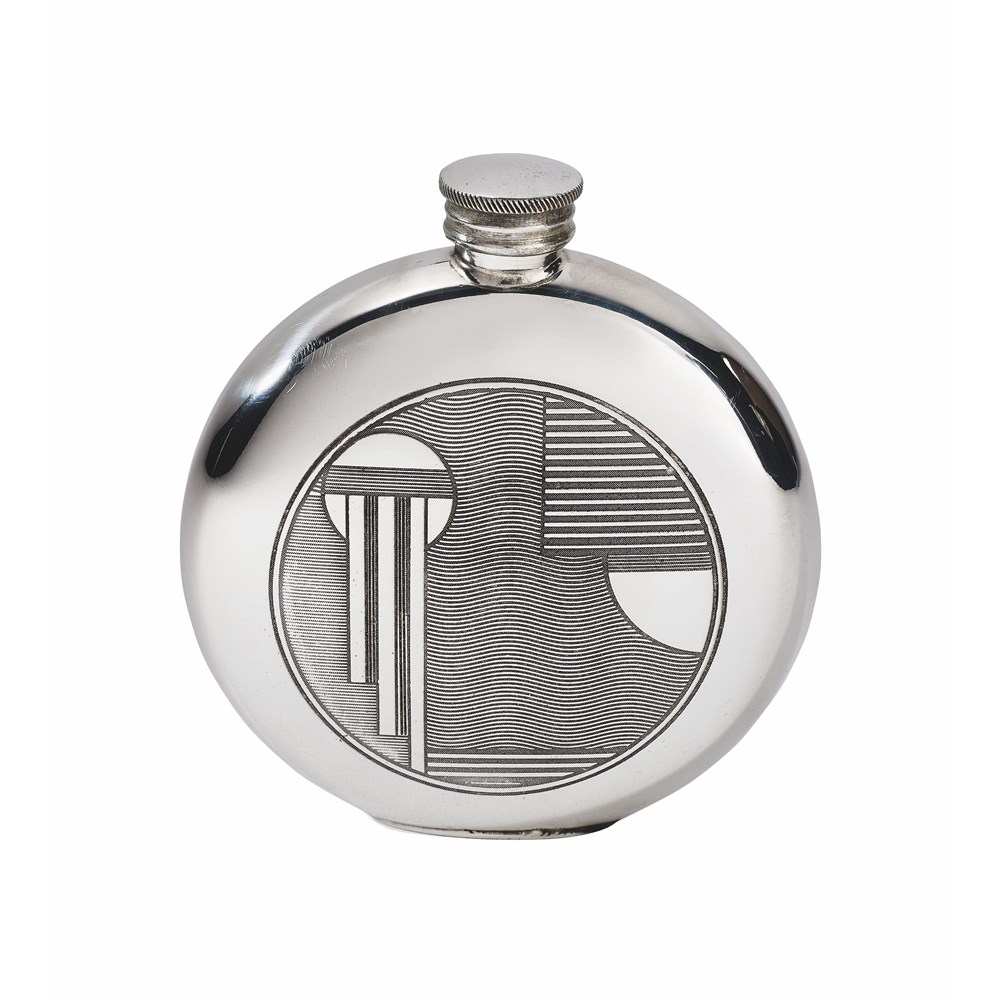6oz Round Pewter Art Deco Flask