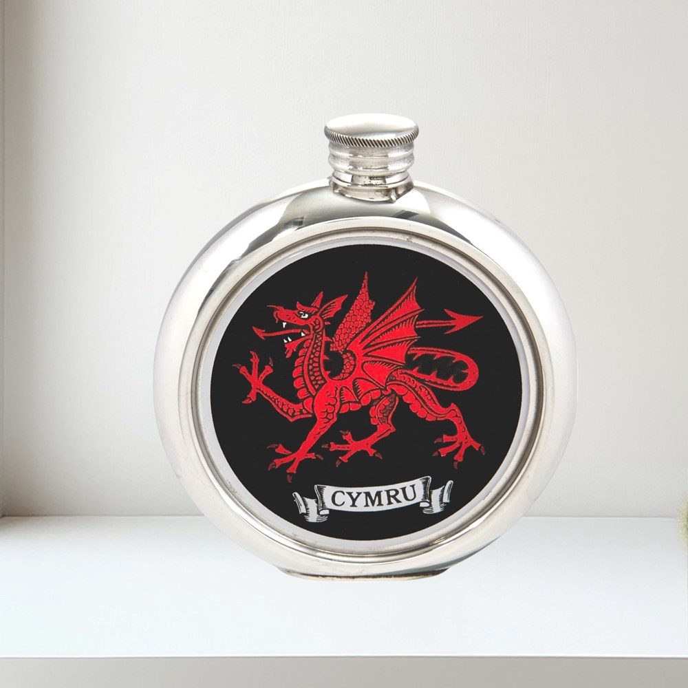 6oz Welsh Dragon Round Pewter Picture Flask