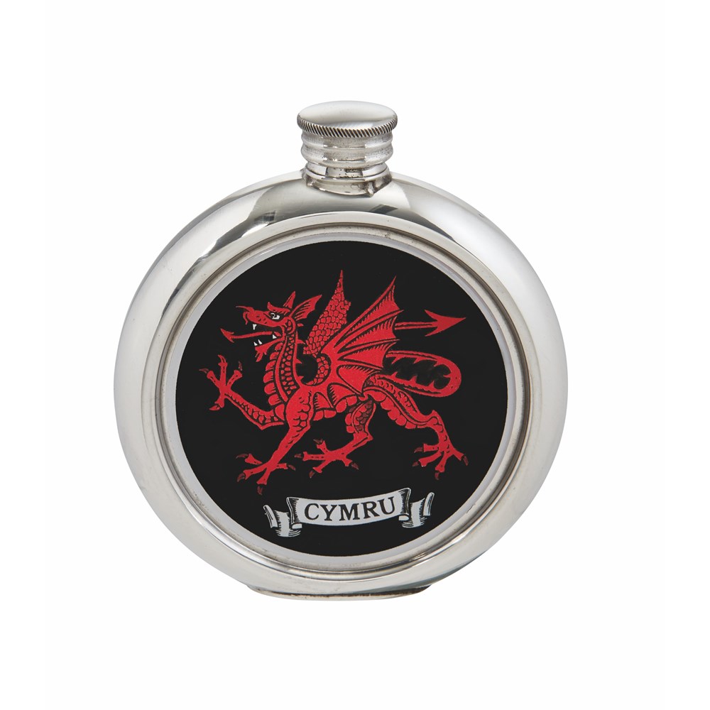 6oz Welsh Dragon Round Pewter Picture Flask