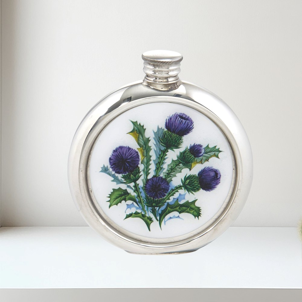 6oz Round Thistle Pewter Picture Flask