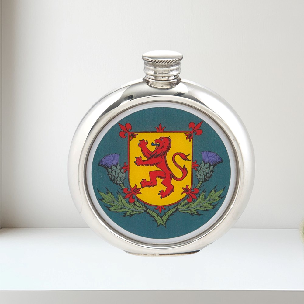 6oz Round Thistles And Lion Rampant Pewter Picture Flask