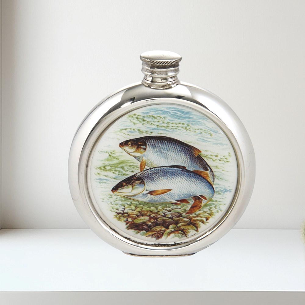 6oz Round Roach Pewter Picture Flask