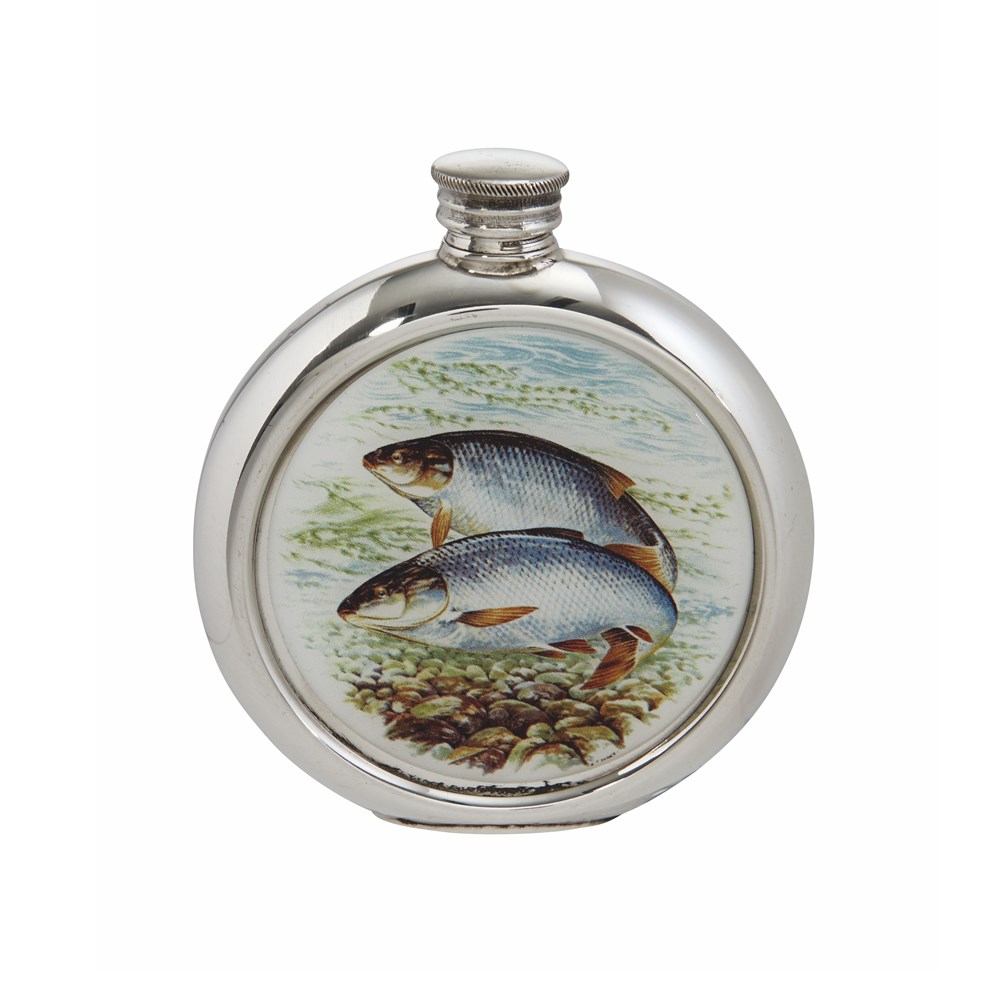 6oz Round Roach Pewter Picture Flask