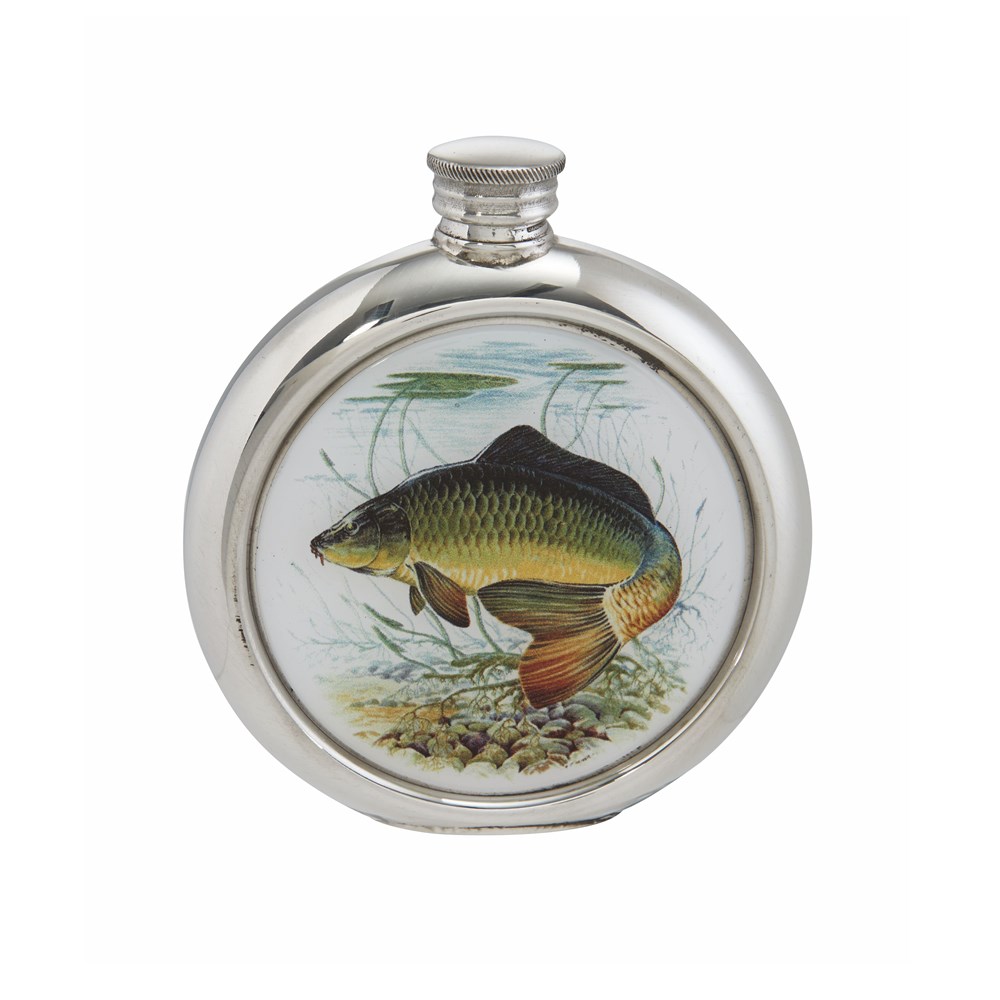 6oz Round Pewter Carp Picture Flask