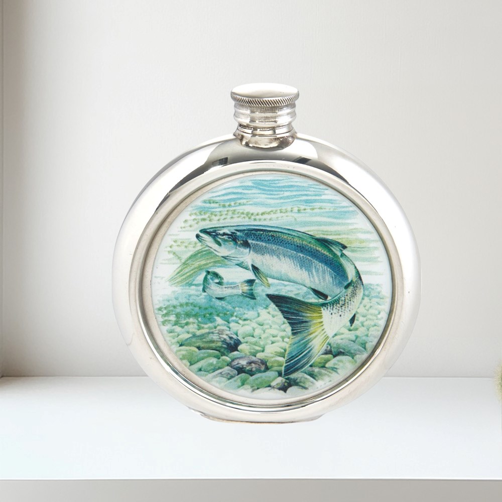 6oz Round Salmon Pewter Picture Flask