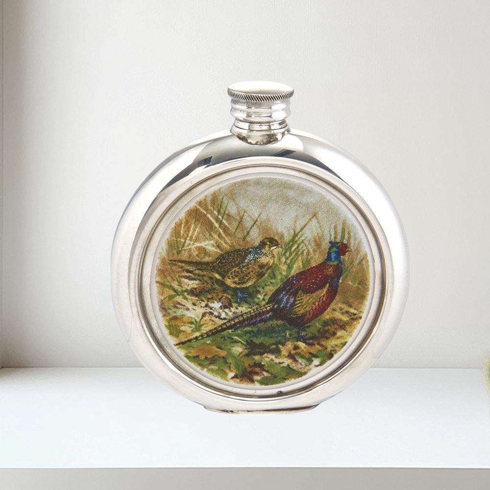 6oz Round Pheasant Pewter Picture Flask