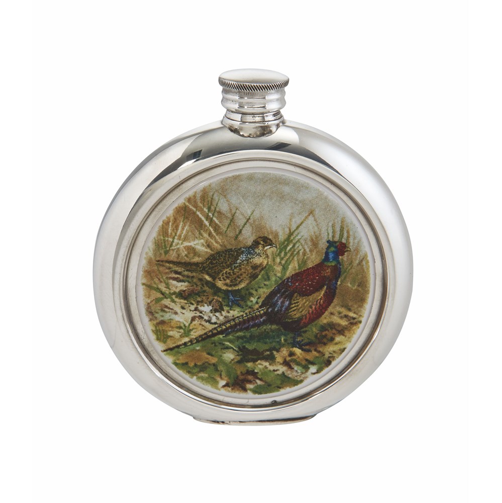 6oz Round Pheasant Pewter Picture Flask
