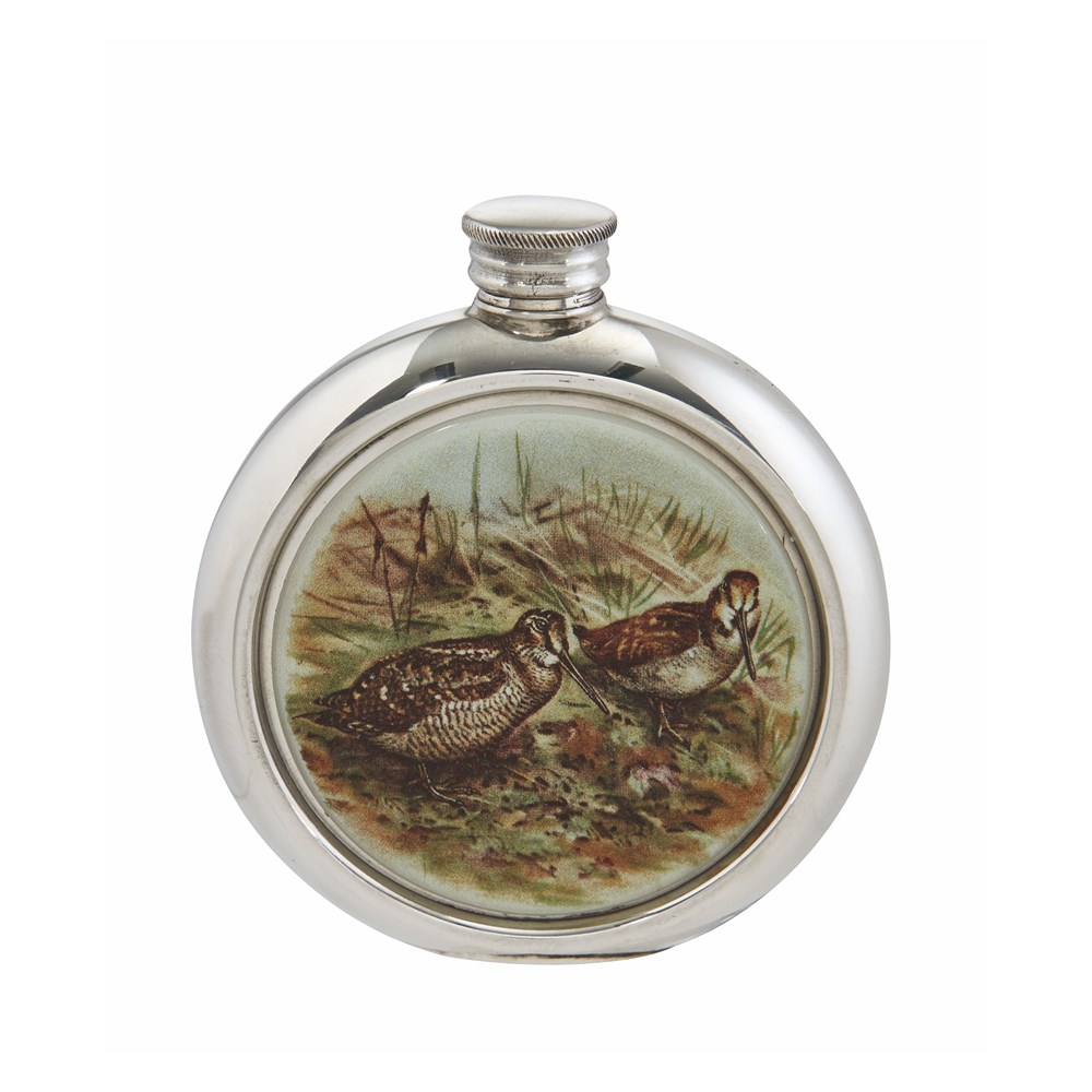 6oz Round Woodcock Pewter Picture Flask