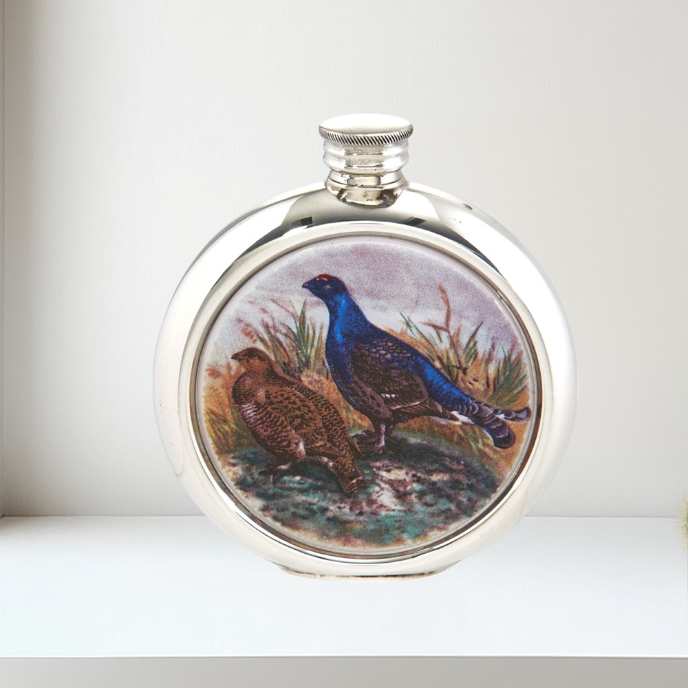 6oz Round Pewter Grouse Picture Flask