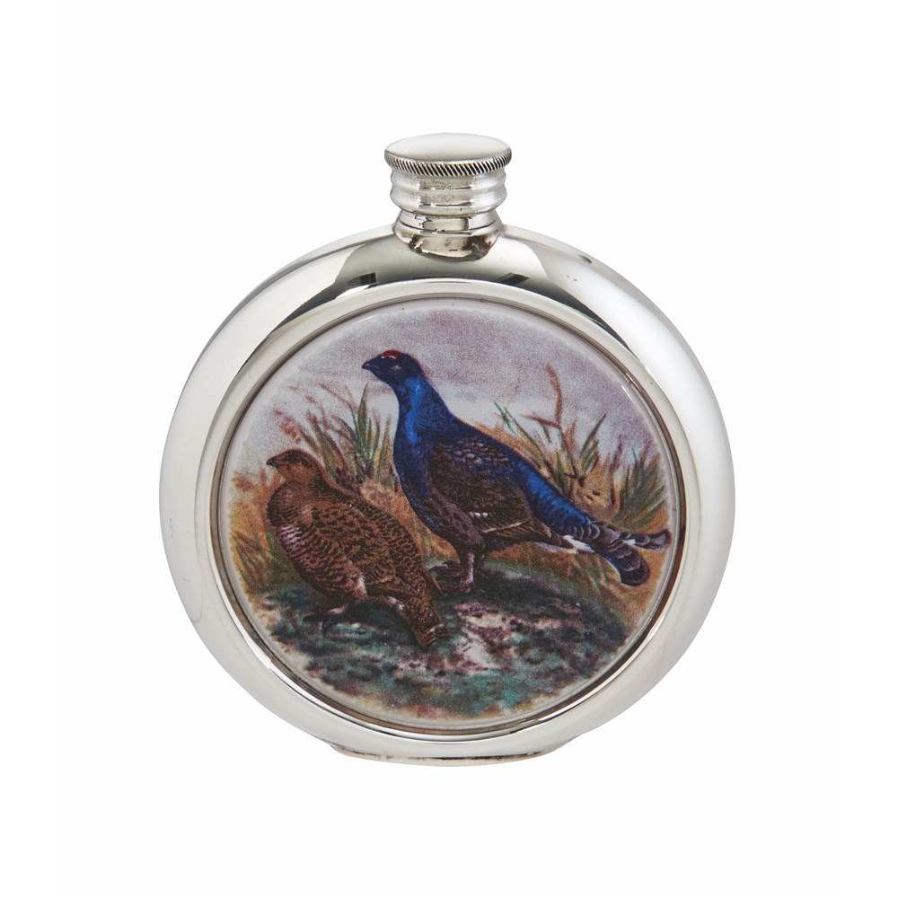 6oz Round Pewter Grouse Picture Flask