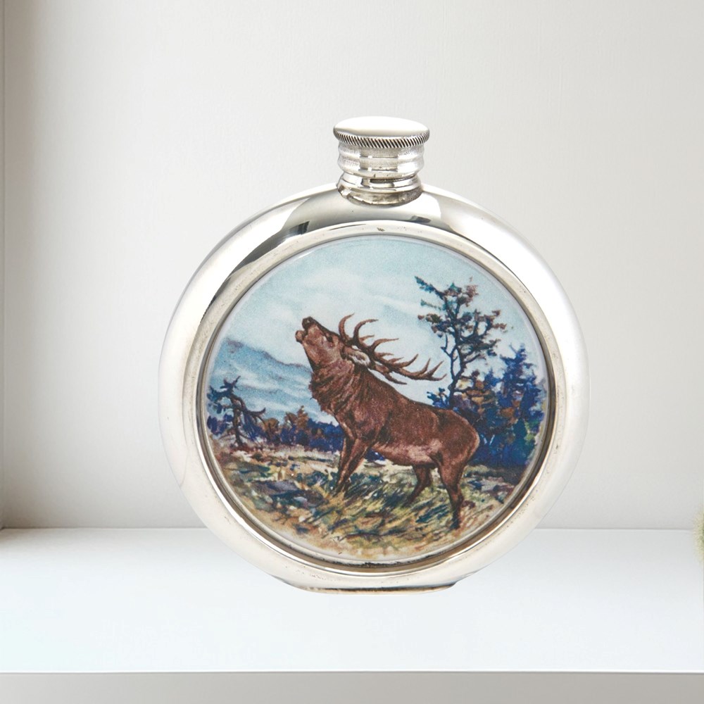 6oz Round Stag Pewter Picture Flask