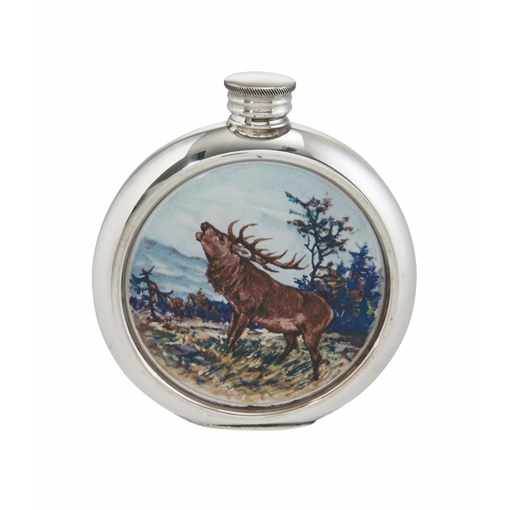 6oz Round Stag Pewter Picture Flask