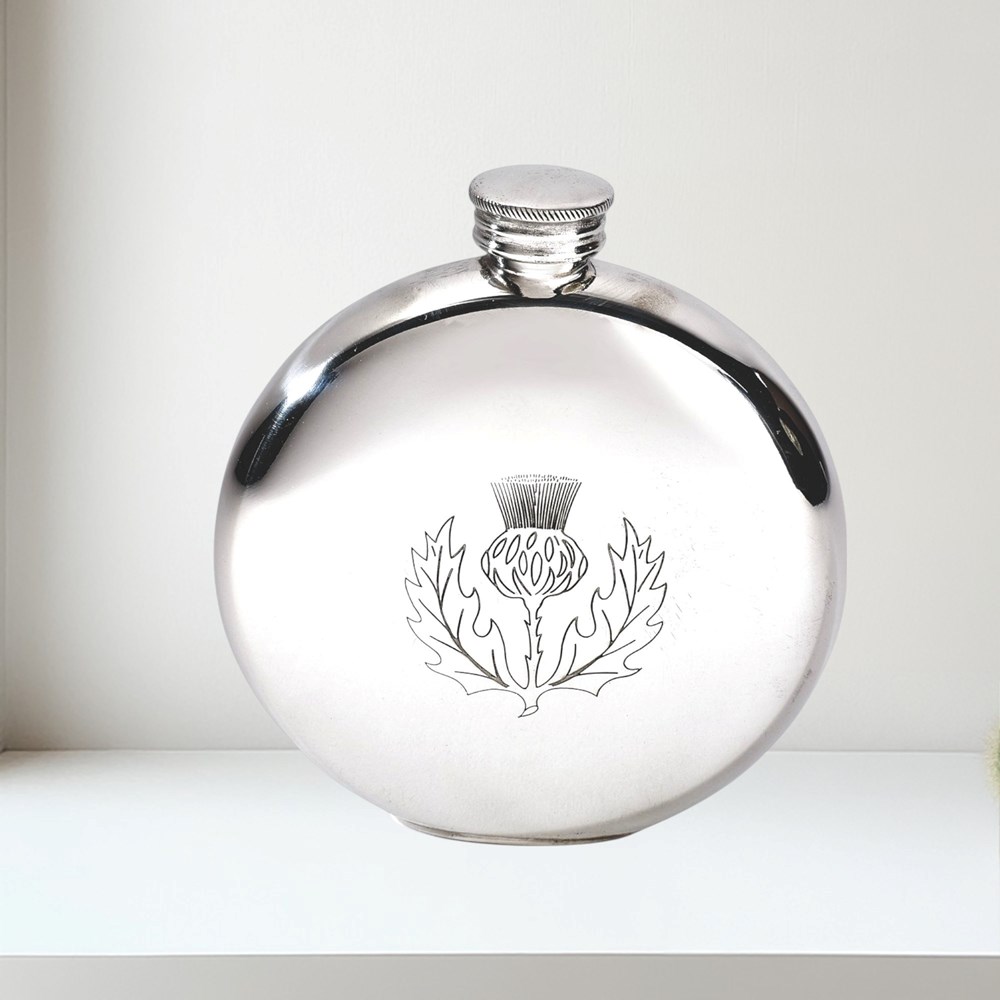 6oz Round Pewter Thistle Flask