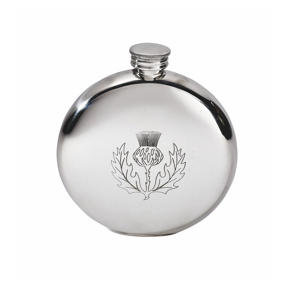 6oz Round Pewter Thistle Flask