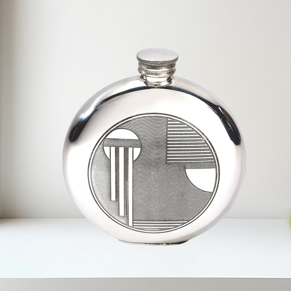 6oz Round Pewter Art Deco Flask 6oz round pewter Art Deco flask