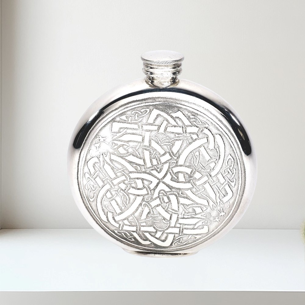 6oz Round Pewter Celtic Flask