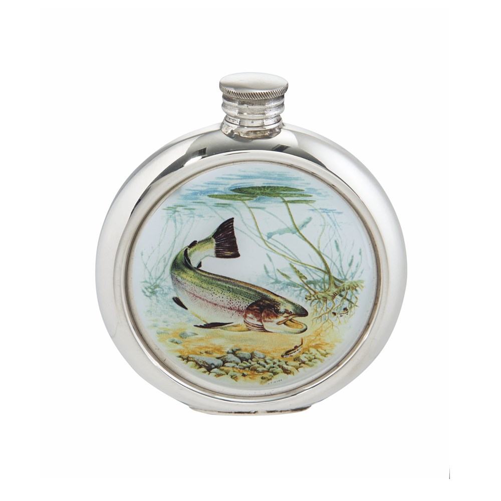 6oz Round Trout Pewter Picture Flask