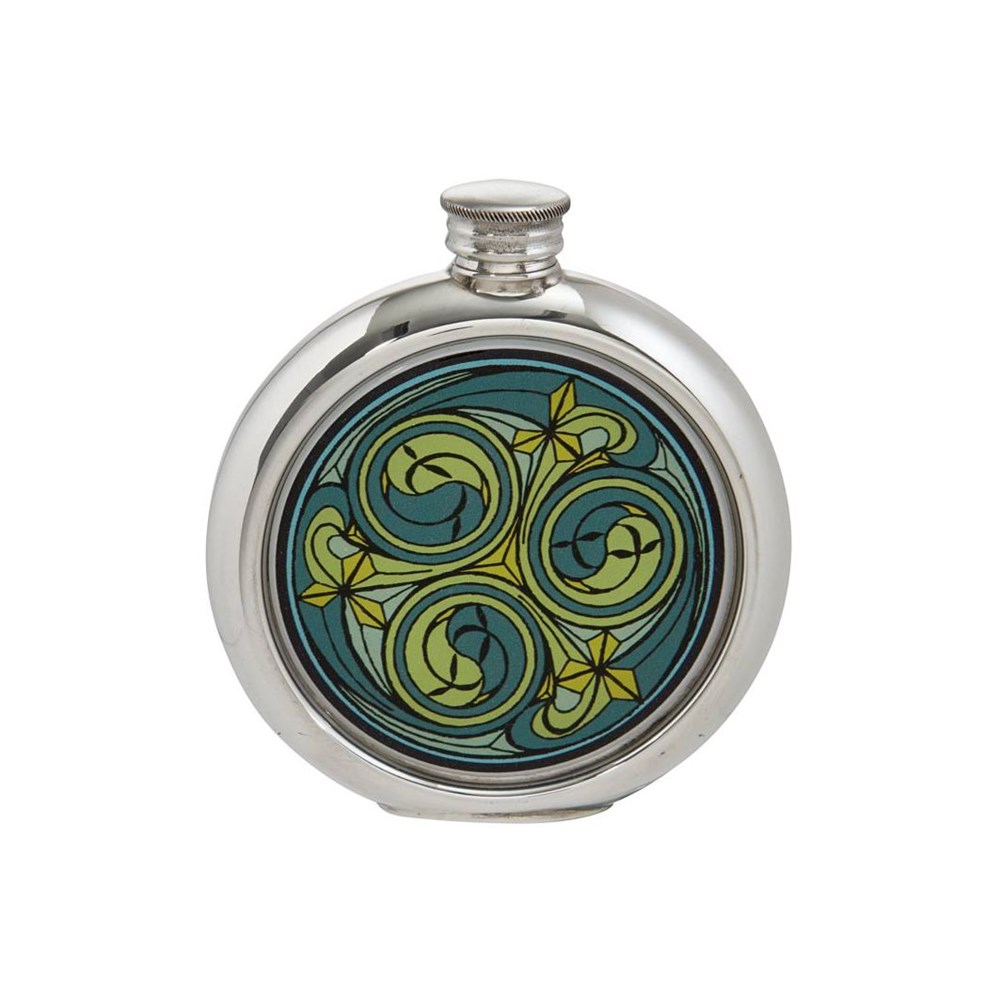6oz Round Kells Green Pewter Picture Flask