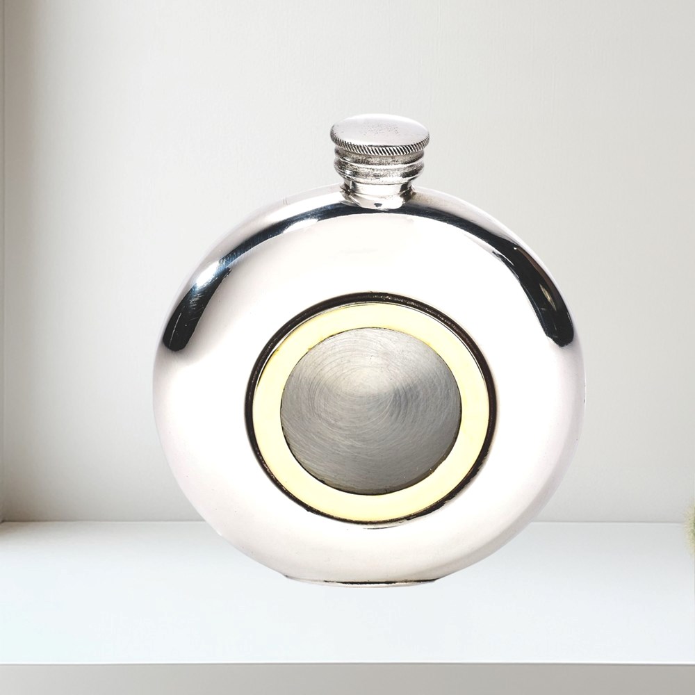 6oz Round Brass Porthole Pewter Flask 6oz Round brass Porthole pewter Flask
