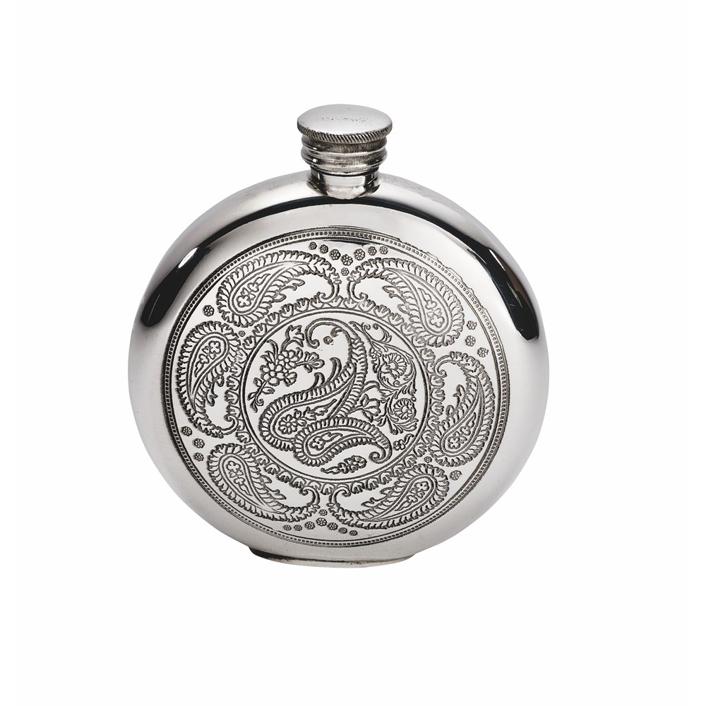 6oz Round Pewter Paisley Flask 6oz Round Pewter Paisley Flask
