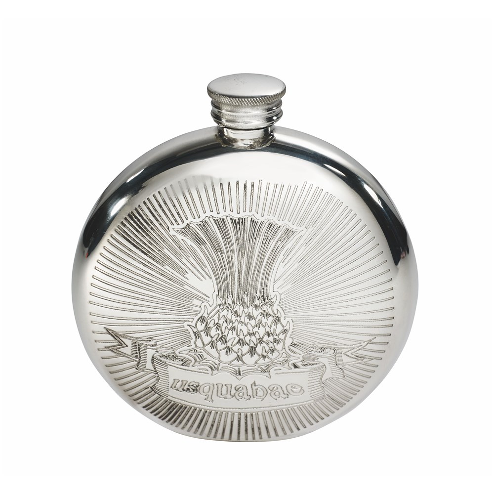 6oz Round Usquabae Single Thistle Pewter Flask 6oz Round Usquabae Single Thistle Pewter Flask