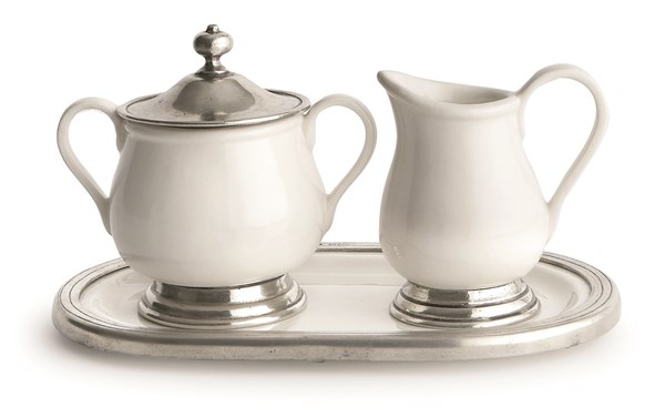 Pewter and ceramic creamer & sugar with tray
