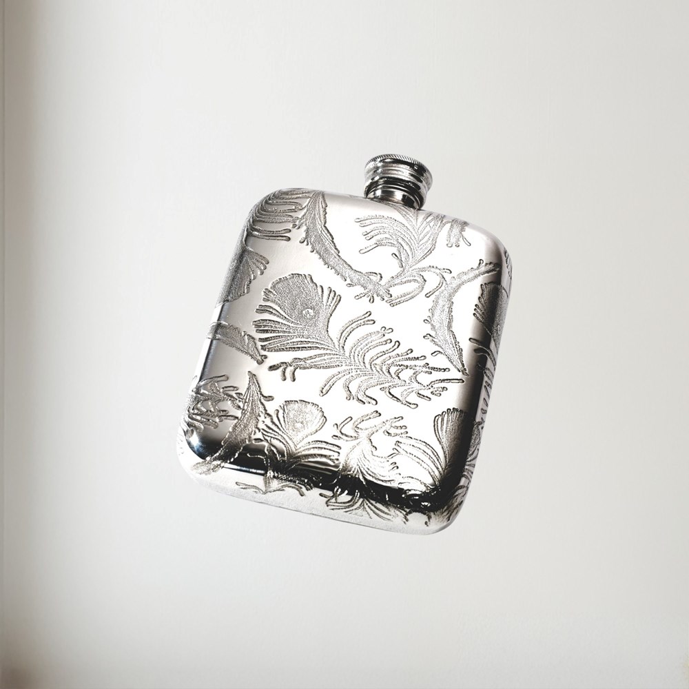 Peacock Pattern 4oz Pewter Pocket Flask