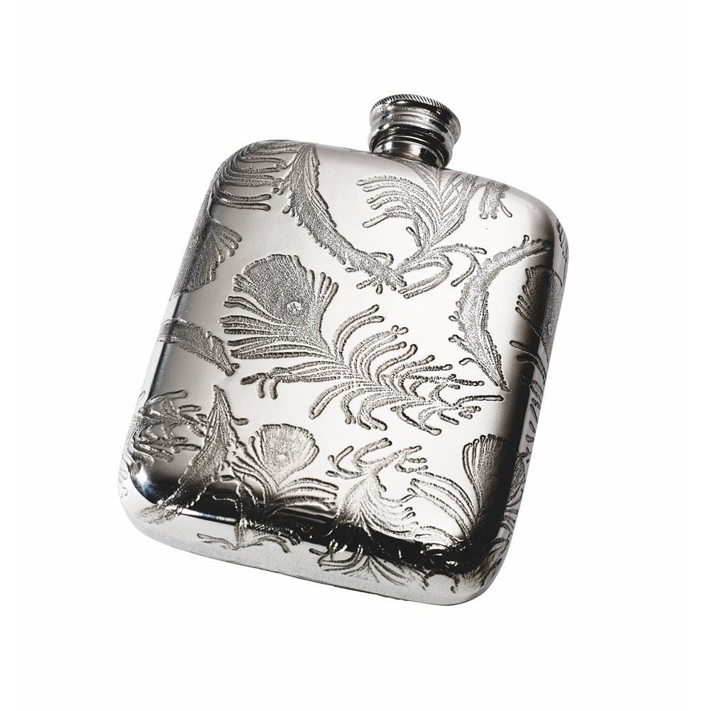 Peacock Pattern 4oz Pewter Pocket Flask