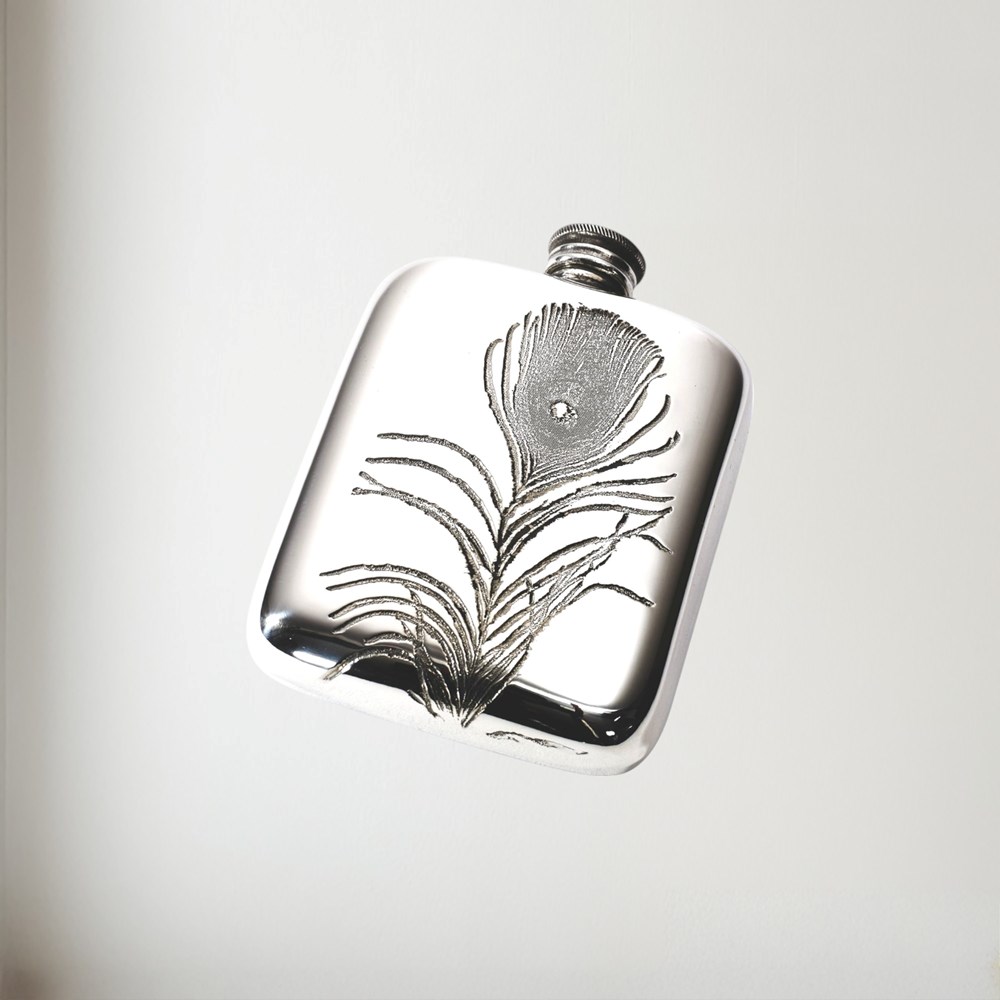 Peacock Feather 4oz Pewter Pocket Flask Peacock Feather 4oz Pewter Pocket Flask