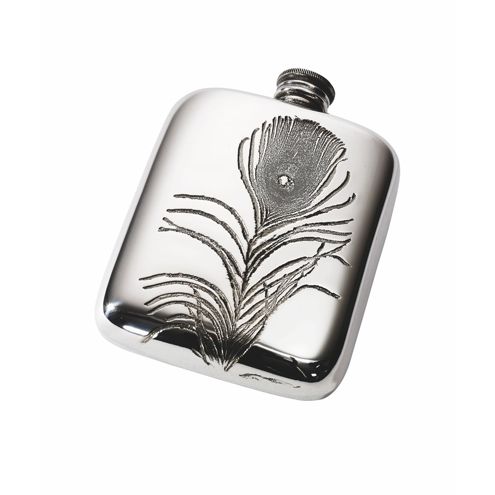 Peacock Feather 4Oz Pewter Pocket Flask