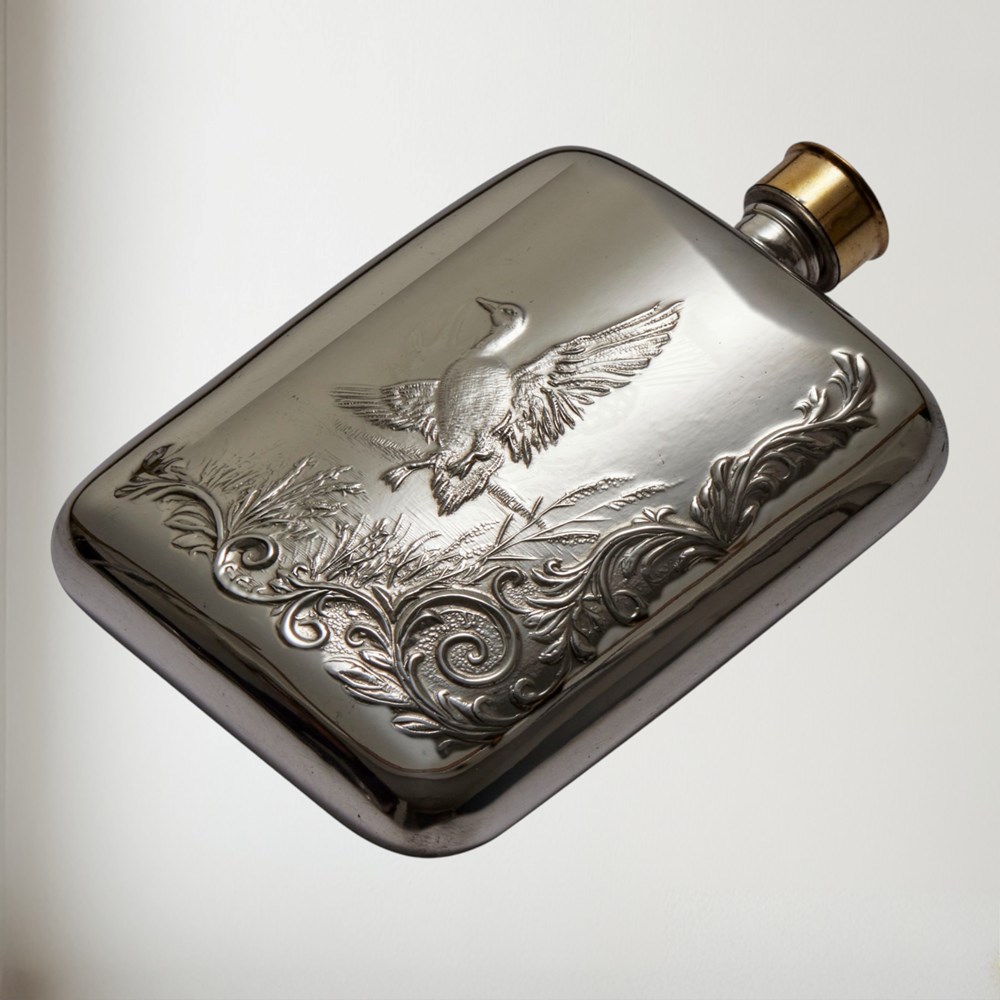 6oz Mallard Embossed Pewter Pocket Flask 6oz Mallard Embossed Pewter Pocket Flask