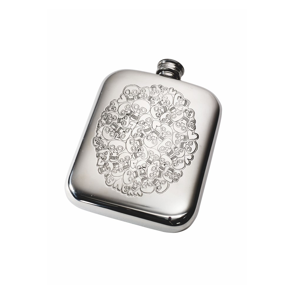 6oz Skull Heart Cluster Pewter Pocket Flask