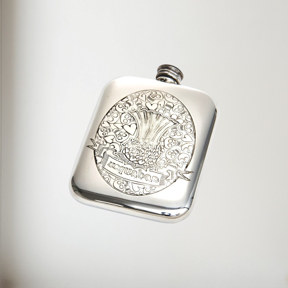 6oz Usquabae Thistle Skull And Hearts Pewter Pocket Flask 6oz Usquabae Thistle Skull and Hearts Pewter Pocket Flask