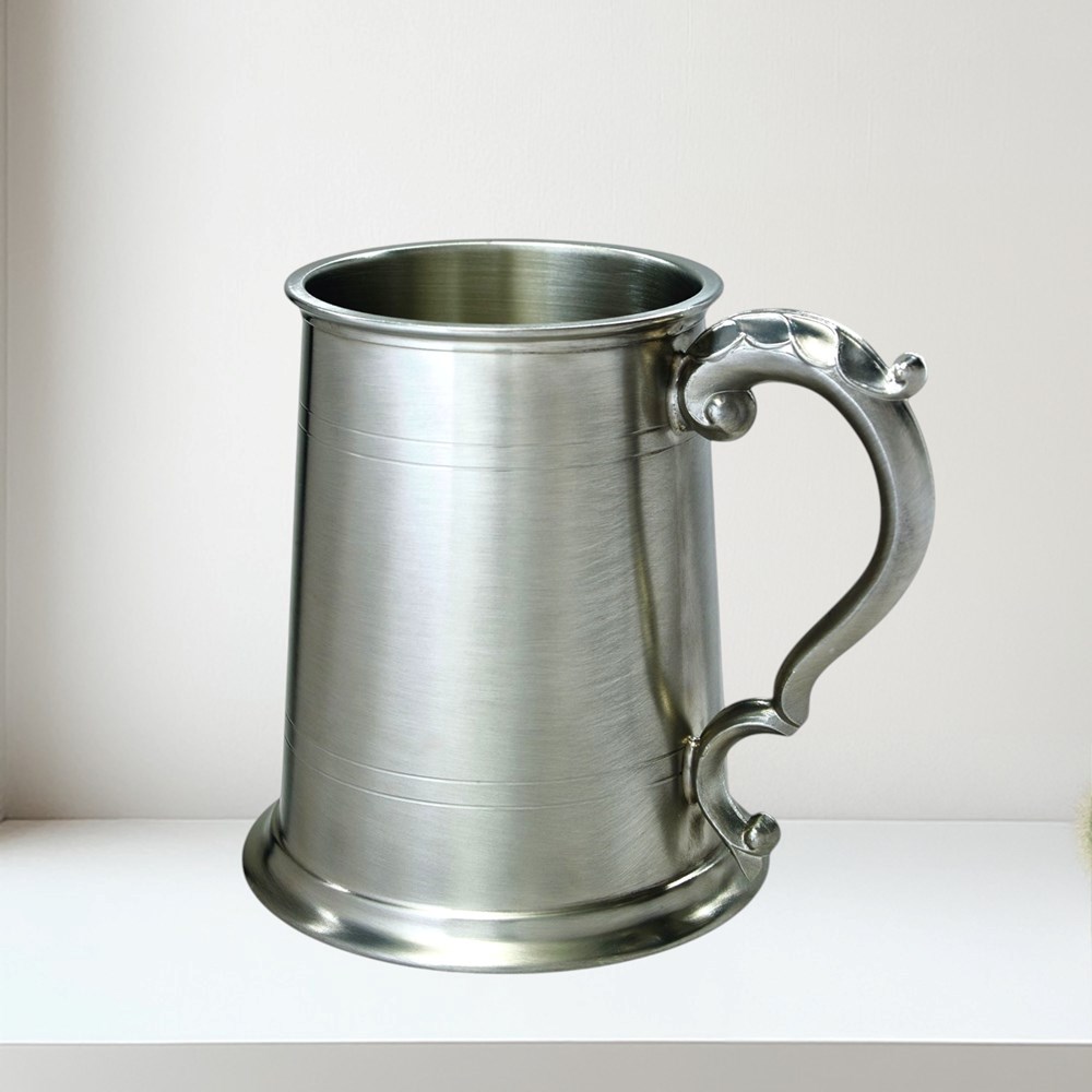 One Pint Antique Fancy Handle Pewter Tankard