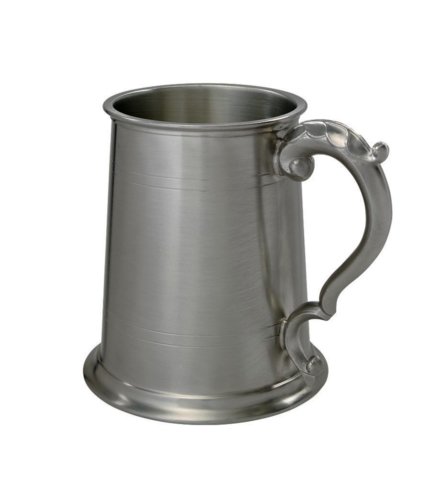 One Pint Antique Fancy Handle Pewter Tankard