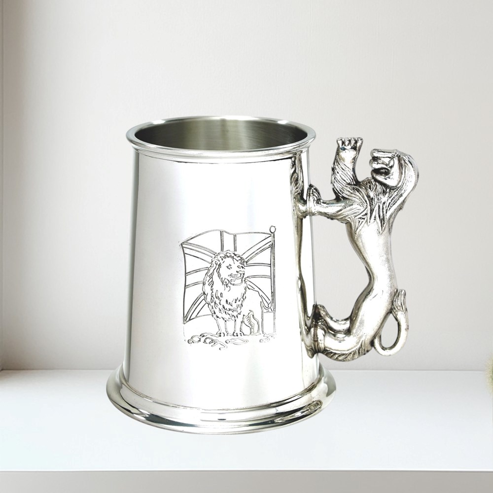 Union Jack Lion Handle One Pint Pewter Tankard