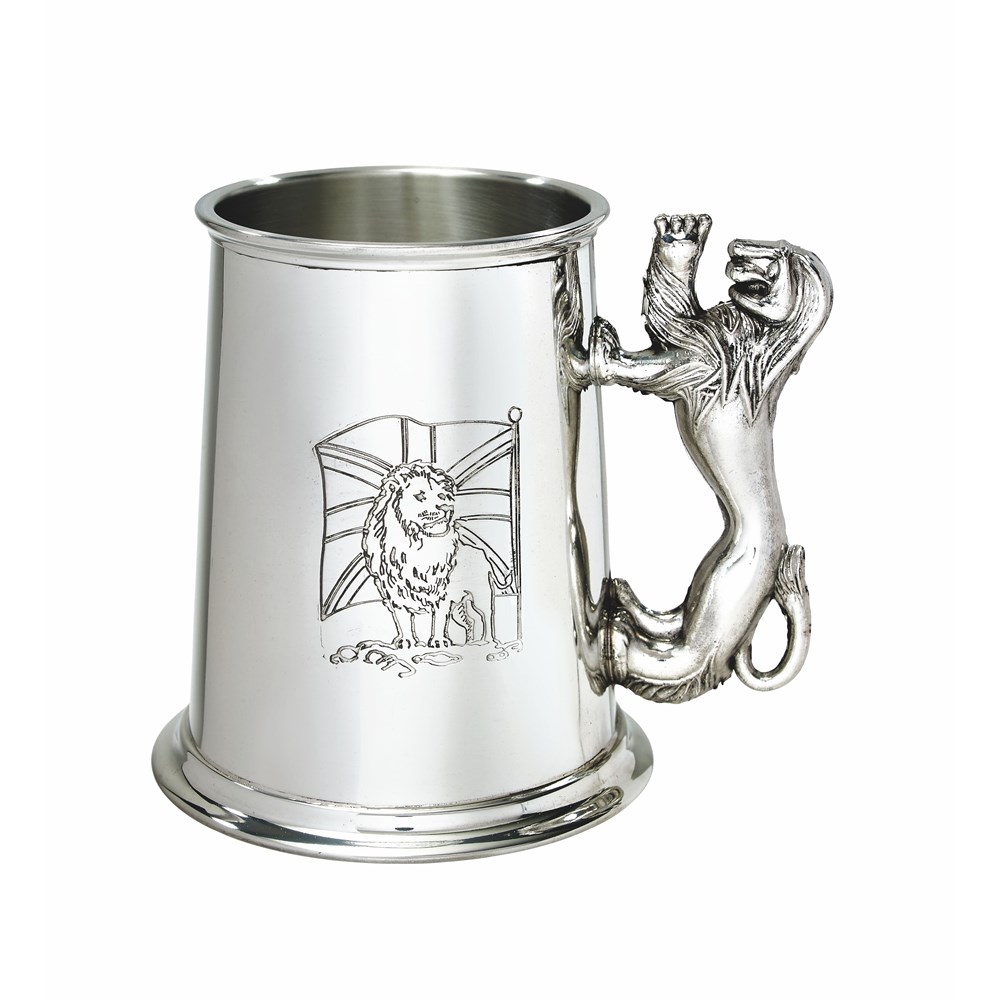 Union Jack Lion Handle One Pint Pewter Tankard