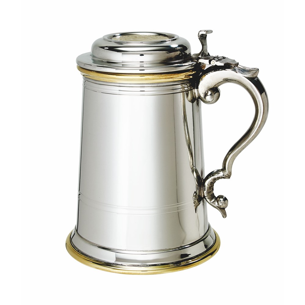 Heavy Lidded Celtic Gold One Pint Pewter And Brass Tankard