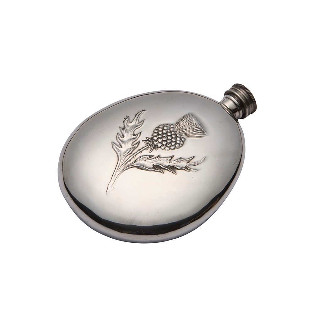 Heavy Embossed Thistle Pewter Sporran Flask