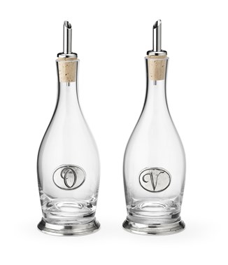 Glass and pewter oil & vinegar bottles with cork pourers