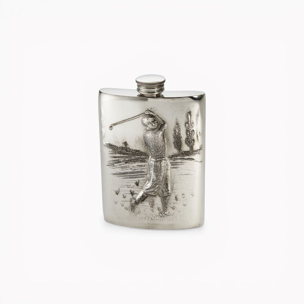 Embossed Golfer 6oz Pewter Kidney Flask Embossed Golfer 6oz Pewter Kidney Flask