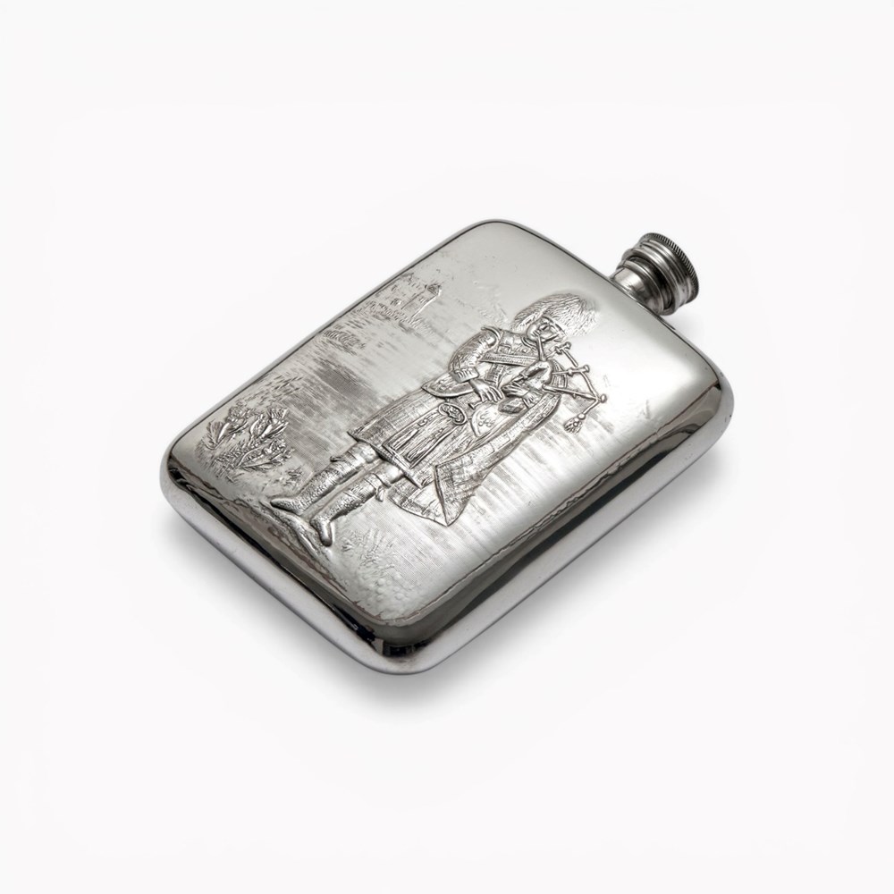 Piper Embossed 6oz Pewter Pocket Flask Piper Embossed 6oz Pewter Pocket Flask