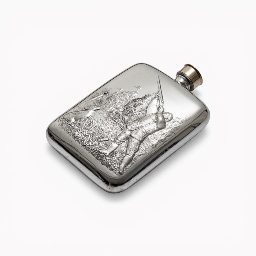 Shooting Embossed 6oz Pewter Pocket Flask Shooting Embossed 6oz Pewter Pocket Flask