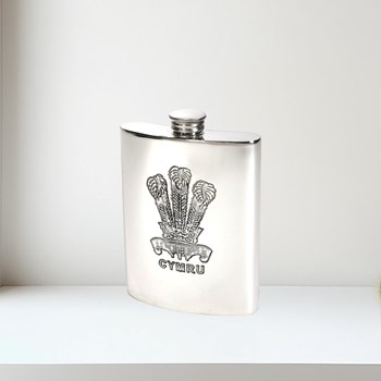 6oz Prince Of Wales Feathers Pewter Kidney Flask