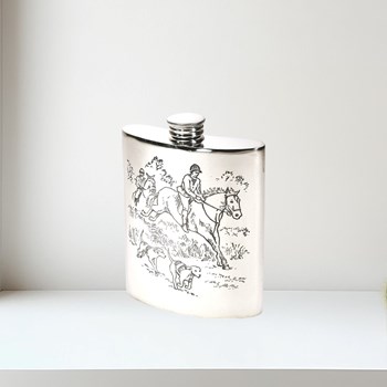 6oz Hunting Scene Pewter Kidney Hip Flask